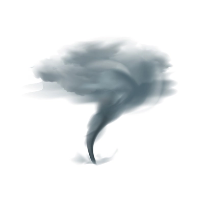 Tornado twirling twister spinning into cloudy sky in black grey shades on white background realistic vector illustration