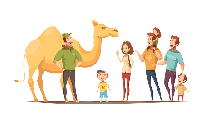 Wild animals composition with dromedary camel riding instructor and group of curious kids and adult  characters vector illustration