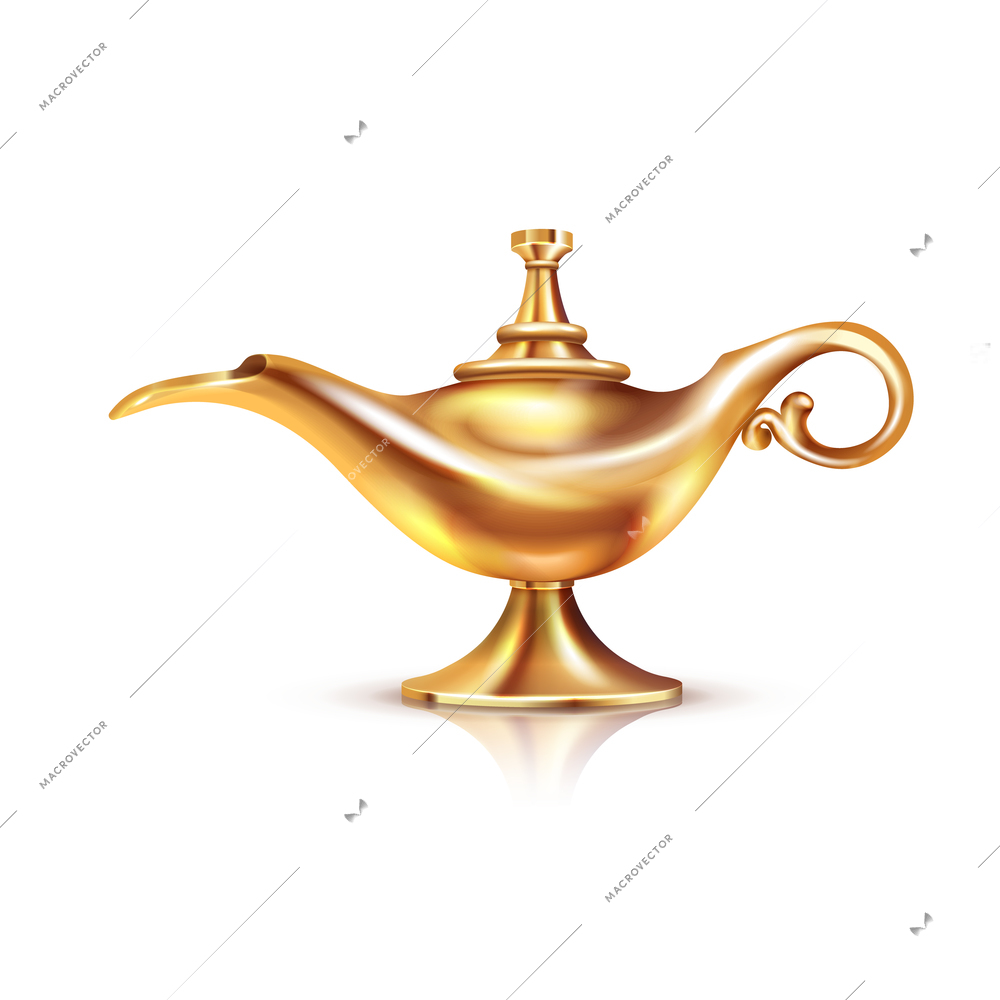Aladdin lamp isolated composition with cumbersome image of magic golden vessel in classic oriental style vector illustration