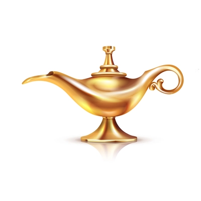 Aladdin lamp isolated composition with cumbersome image of magic golden vessel in classic oriental style vector illustration