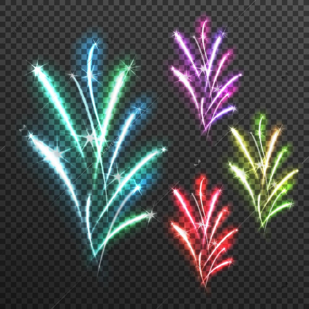 Light effects fireworks transparent composition icon set with splashes stars and sparkles vector illustration