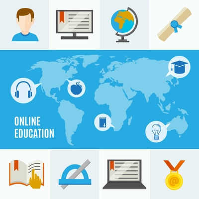 Elearning flat concept with online education headline and idea of learning anywhere in the world vector illustration