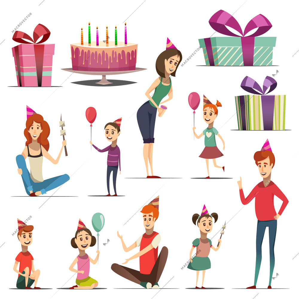 Set of kid birthday with girls, boys and parents in party hats gifts cake isolated vector illustration