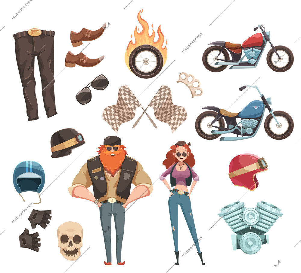 Retro cartoon rider set of bikers wear accessories roadster motorcycles and two flat doodle human characters vector illustration