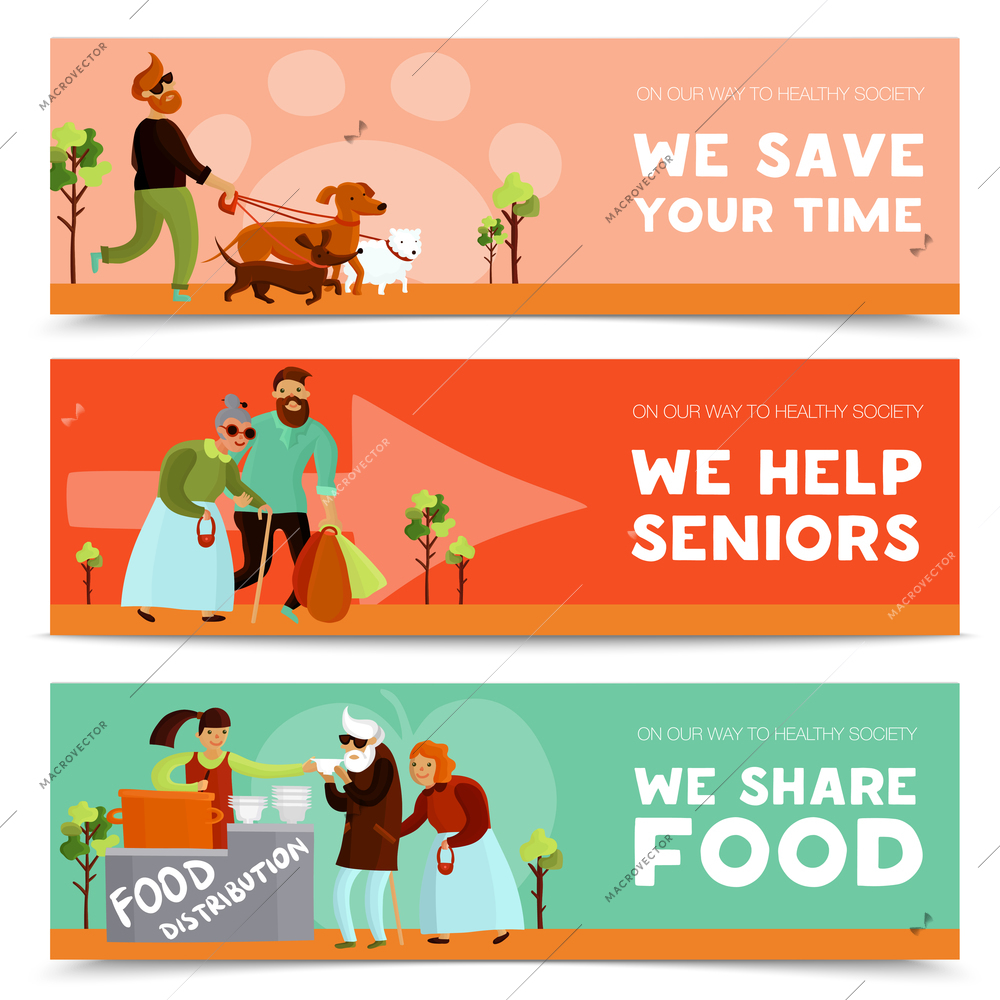 Set of three volunteers horizontal banners with humanitarians assisting senior citizens sharing food and walking dogs vector illustration