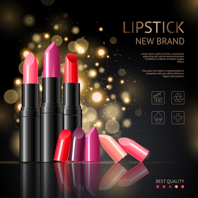 New lip care makeup luxury brand products advertisement poster with realistic red shades lipsticks background vector illustration