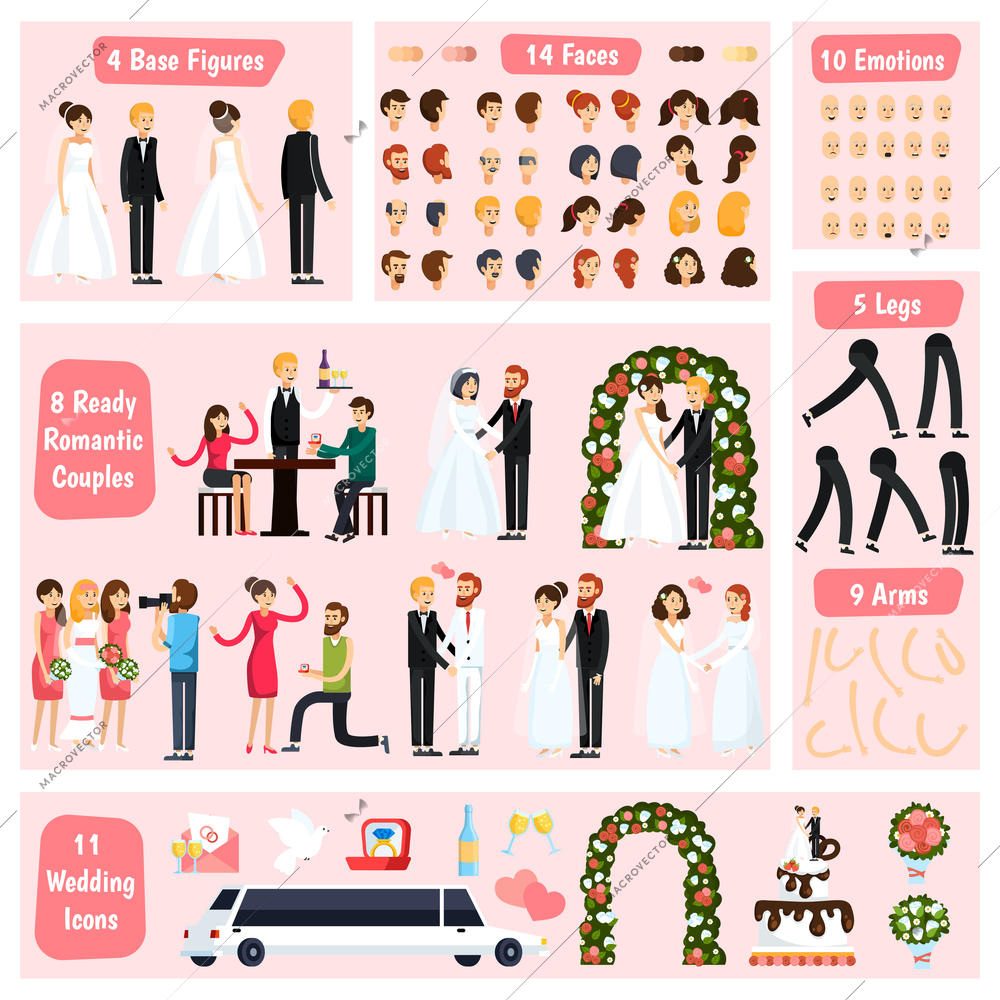 Colored wedding people orthogonal character constructor icon set with base figures different fases emotions legs arms and romantic couples vector illustration