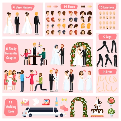 Colored wedding people orthogonal character constructor icon set with base figures different fases emotions legs arms and romantic couples vector illustration