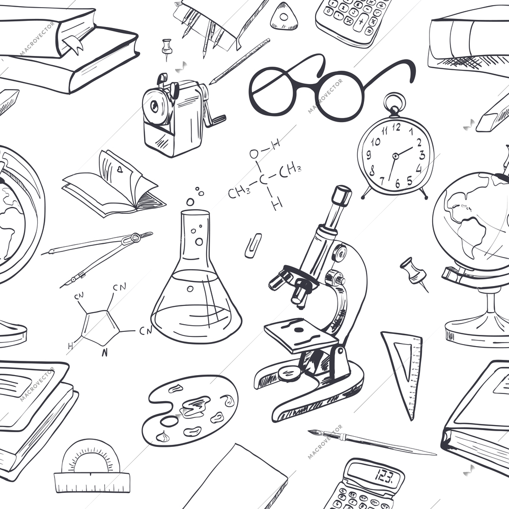 School education seamless wallpaper with microscope notebook chemical formula vector illustration