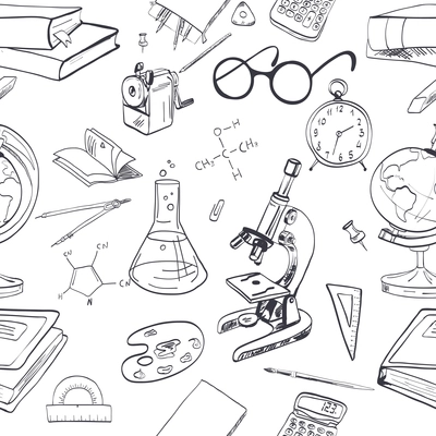 School education seamless wallpaper with microscope notebook chemical formula vector illustration
