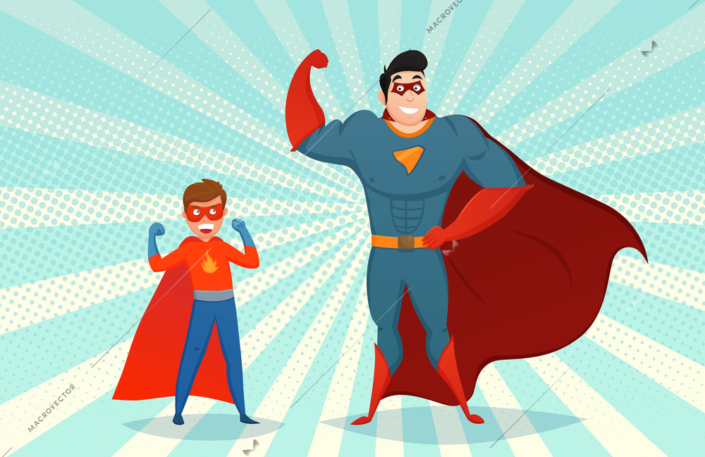 Man and boy superheroes in mask and colorful costume on pop art background retro style vector illustration