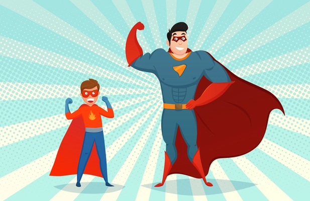 Man and boy superheroes in mask and colorful costume on pop art background retro style vector illustration