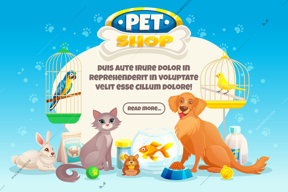 Colored cartoon pet shop composition or banner with descriptions about pets and read more button vector illustration