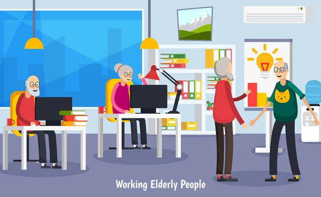 Colored and flat aged elderly people orthogonal concept with working old people at office vector illustration