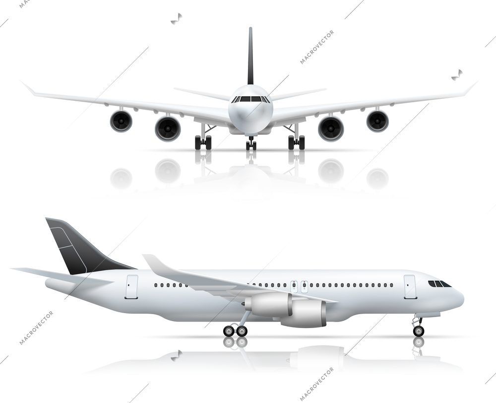 Large passenger jet airliner front and side airplane view realistic set white background reflection isolated vector illustration