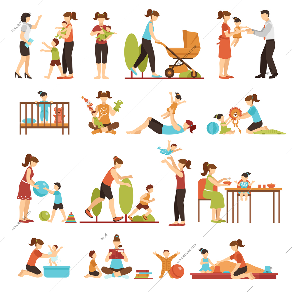 Babysitter flat set of decorative colored icons with nanny parents and kids in various situations isolated vector illustration