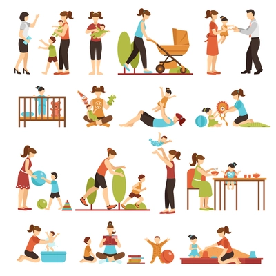 Babysitter flat set of decorative colored icons with nanny parents and kids in various situations isolated vector illustration