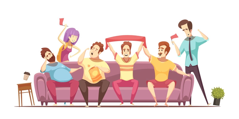 Sedentary lifestyle retro cartoon design with excited fans and fat persons on sofa during broadcasting vector illustration