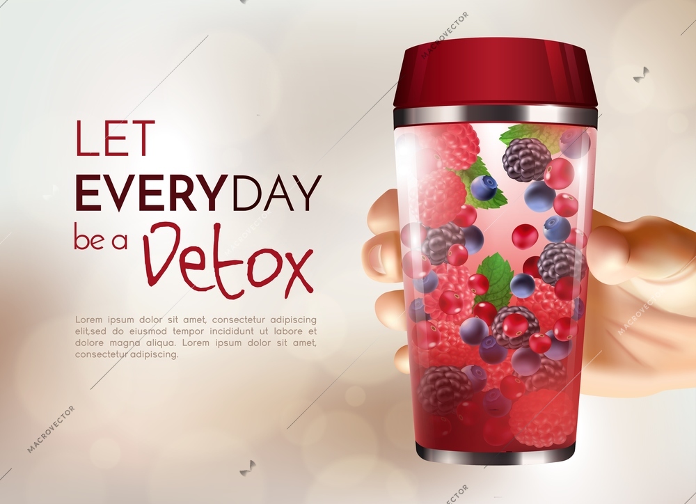 Poster with hand holding detox bottle with berries inside on beige blurred background 3d design vector illustration