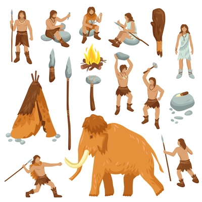 Primitive people flat cartoon icons set with cavemen in stone age weapon tool and ancient animals isolated vector illustration