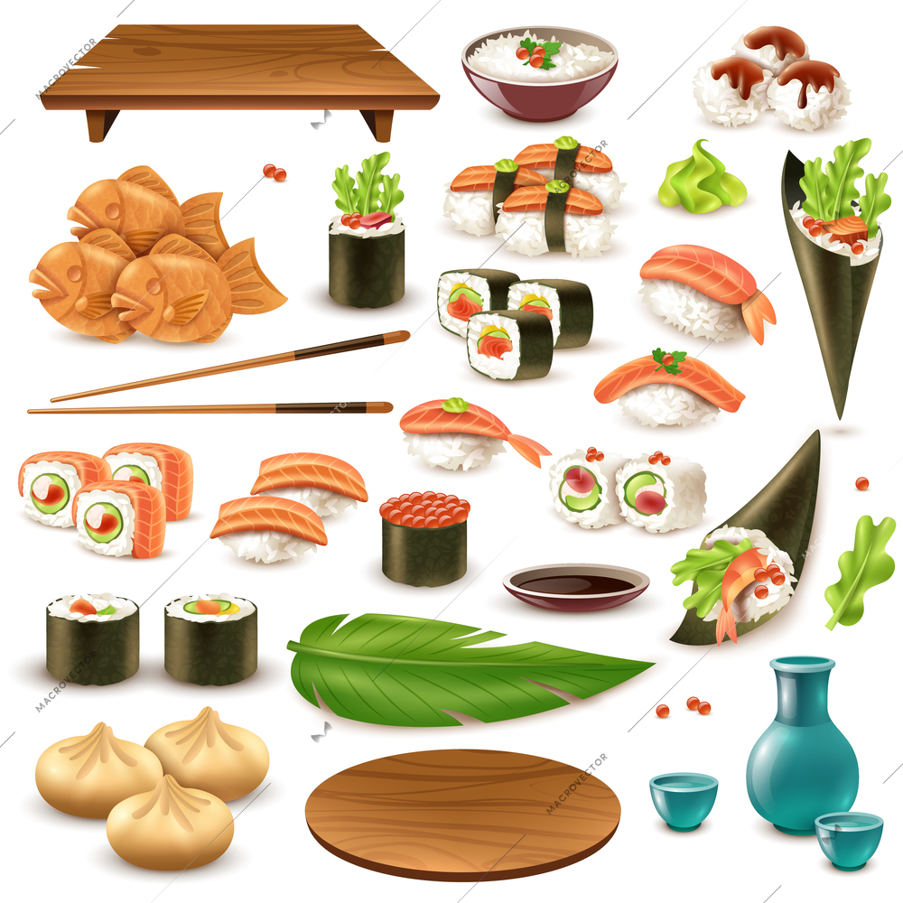 Set of japanese food including sushi, sake, rice in bowl, dumplings, wasabi, soy sauce isolated vector illustration