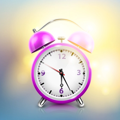 Realistic alarm clock background with purple clock and sunlight looks like morning day vector illustration