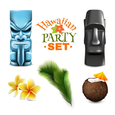 Hawaiian party set of isolated tin god idols coconut and tropical plant images on blank background vector illustration