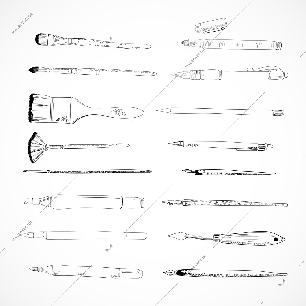 Decorative drawing tools accessories watercolor paintbrush pen charcoal graphite pencil knife collection doodle sketch vector isolated illustration