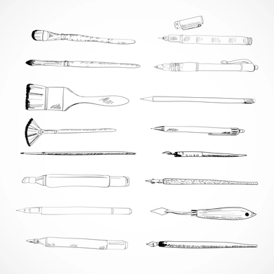Decorative drawing tools accessories watercolor paintbrush pen charcoal graphite pencil knife collection doodle sketch vector isolated illustration