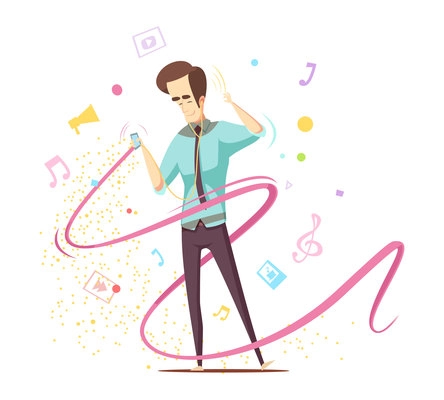 Man listening music with earphones and audio player design concept with note signs, treble clef vector illustration