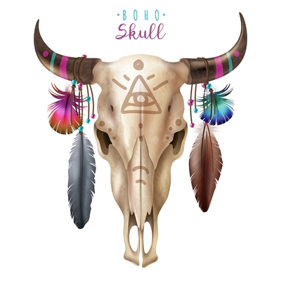 Realistic cow skull in boho style with masonic symbol painted horns and feathers on white background vector illustration