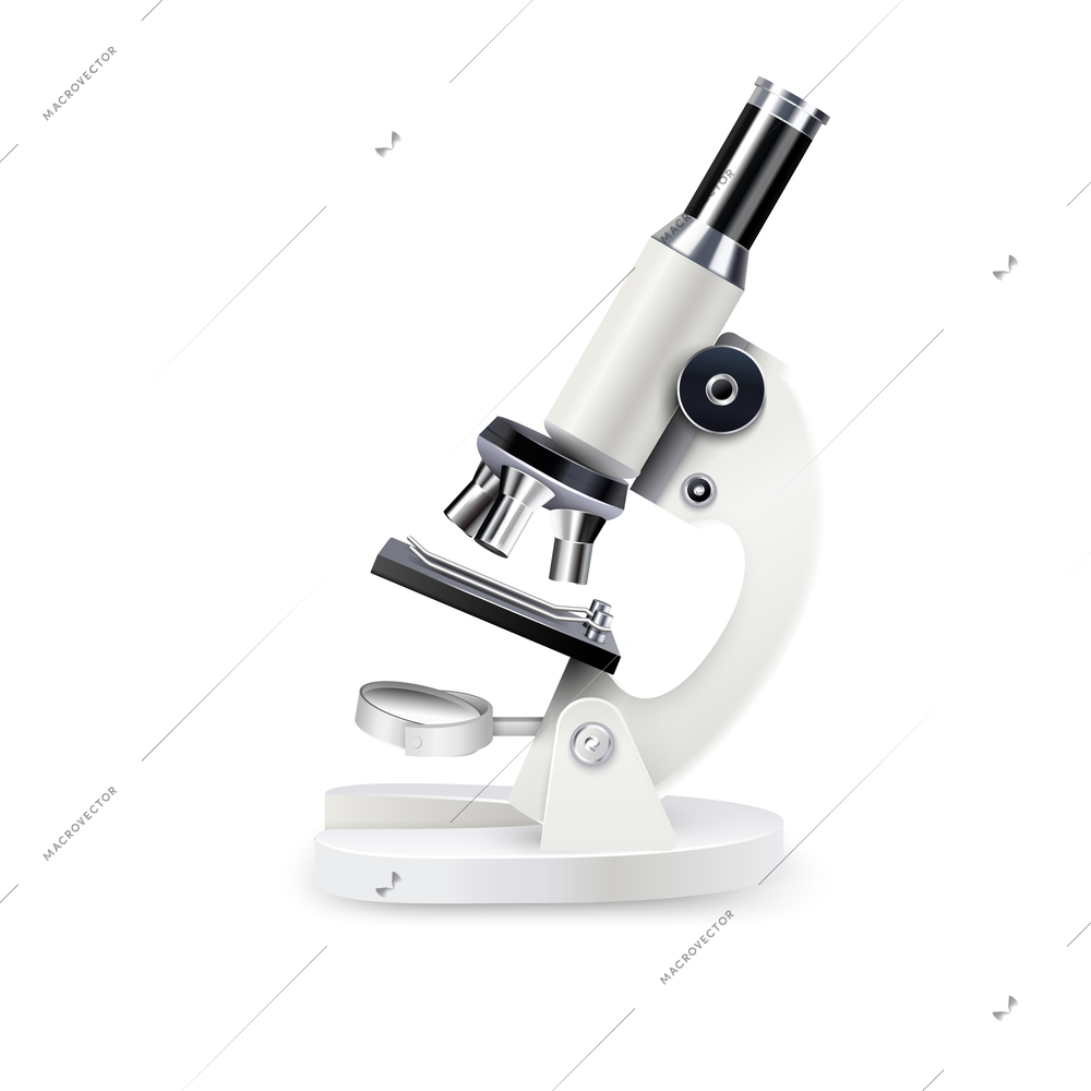 White gloss realistic microscope composition with some iron shining parts on white background vector illustration