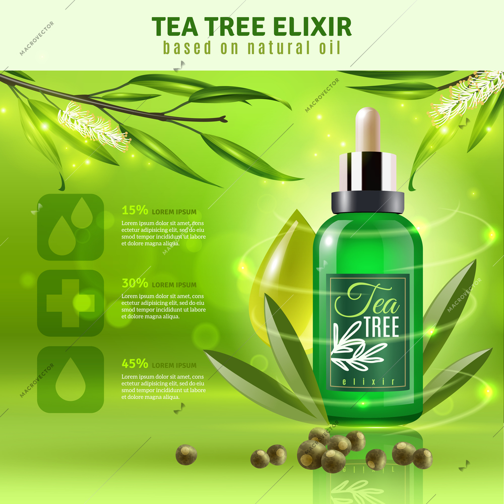 Tea tree elixir based on natural oil background with text field realistic vector illustration