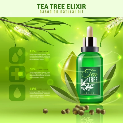 Tea tree elixir based on natural oil background with text field realistic vector illustration