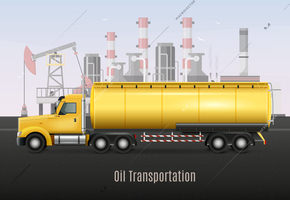 Yellow heavy truck with tank for oil transportation on background with refining factory realistic composition  vector illustration