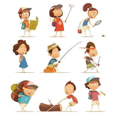 Camping kids cartoon icons set with equipment isolated vector illustration