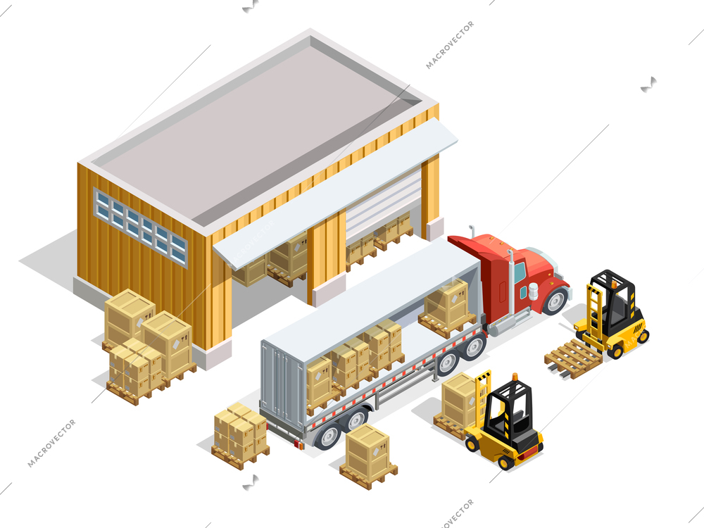 Warehouse isometric template with storage and forklifts loading cargo into truck vector illustration