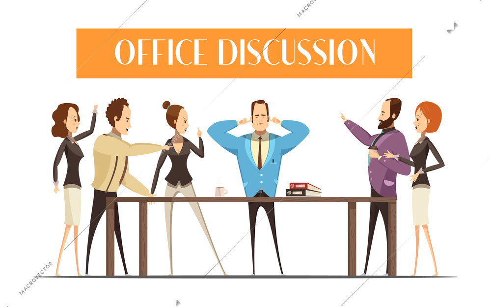 Stylish men and women around wooden table during emotional discussion in office cartoon style vector Illustration