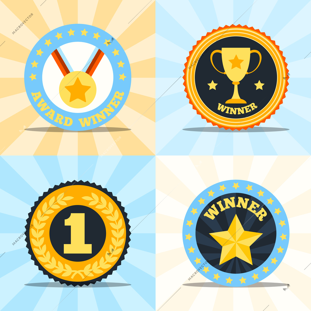 Award winner flat labels set of medal cup laurel wreath star isolated vector illustration