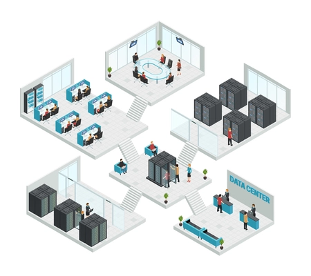 Multistore composition of six isometric datacenter rooms with cloud computing servers office entrance and consultation halls vector illustration