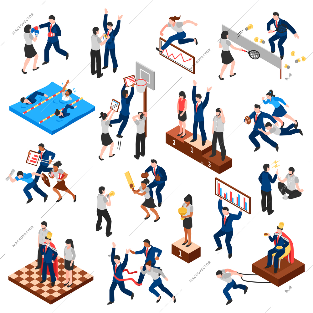Competitions of business characters isometric set with reports and sports games trophies for winners isolated vector illustration