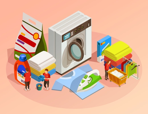 Laundry isometric composition with washing machine iron detergent and other facilities for drying and cleaning clothes on pink background vector illustration