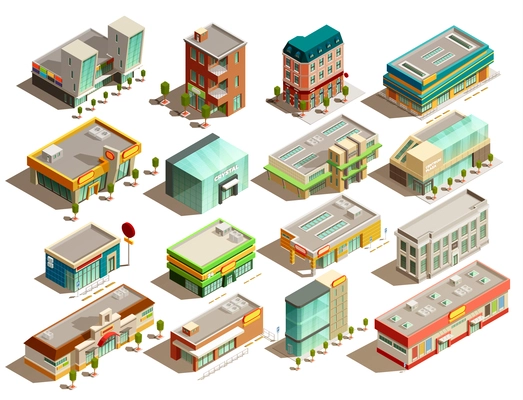 Modern urban store buildings of different styles isometric icons set isolated on white background vector illustration