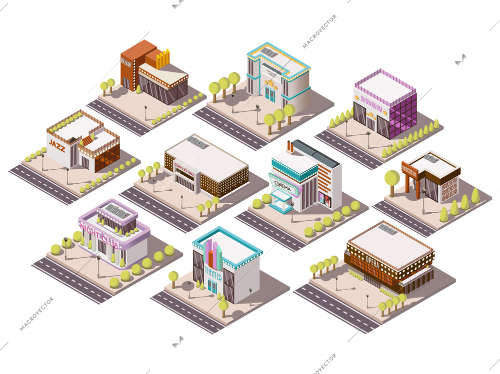 Entertainment places isometric set with theatre and cinema isolated vector illustration