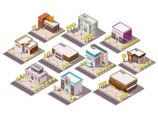 Entertainment places isometric set with theatre and cinema isolated vector illustration