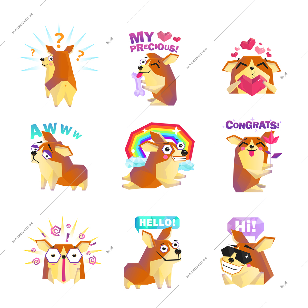 Funny corgi dog cartoon character icons collection with question rainbow love and congrats message isolated vector illustration