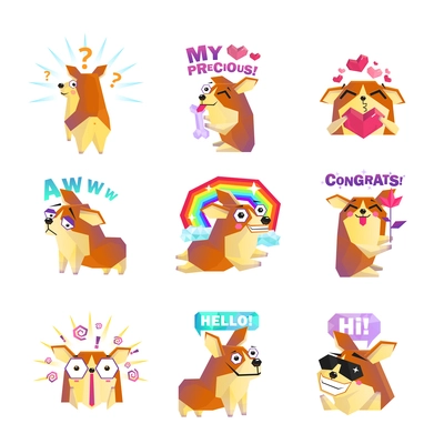 Funny corgi dog cartoon character icons collection with question rainbow love and congrats message isolated vector illustration