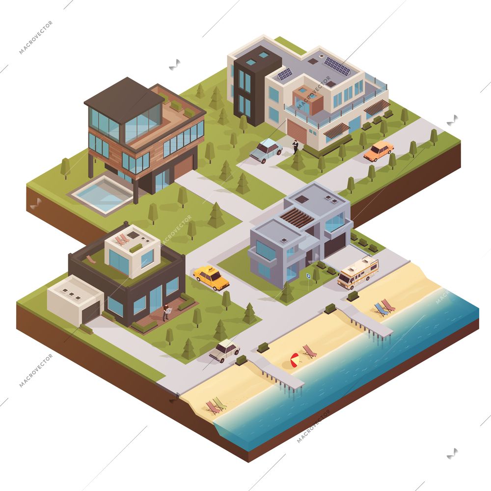Isometric house concept with private residence neighborhood country estate buildings yards with trees cars and people vector illustration