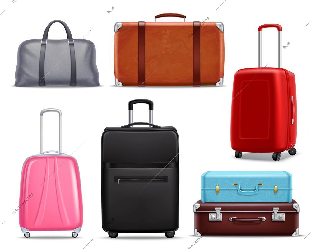 Business and family vacation travel luggage with handbag baggage modern and retro items collection realistic vector illustration