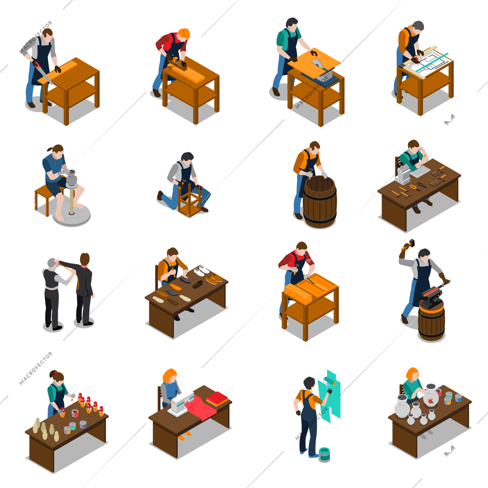 Craftsman set of isometric icons with carpenter blacksmith potter artist painter tailor and shoemaker isolated vector illustration